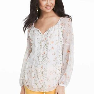 White House Black Market WHBM Floral Print Blouse Sz 10P Boho Peasant Whimsical
